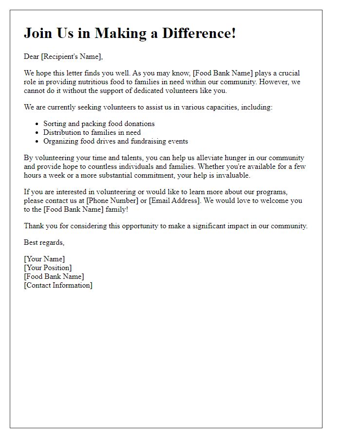 Letter template of volunteer recruitment and support for food bank