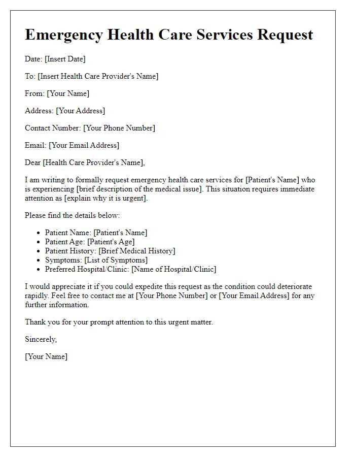 Letter template of emergency health care services request