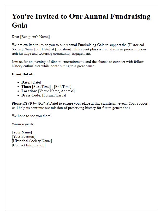 Letter template of fundraising event invitation for historical society support