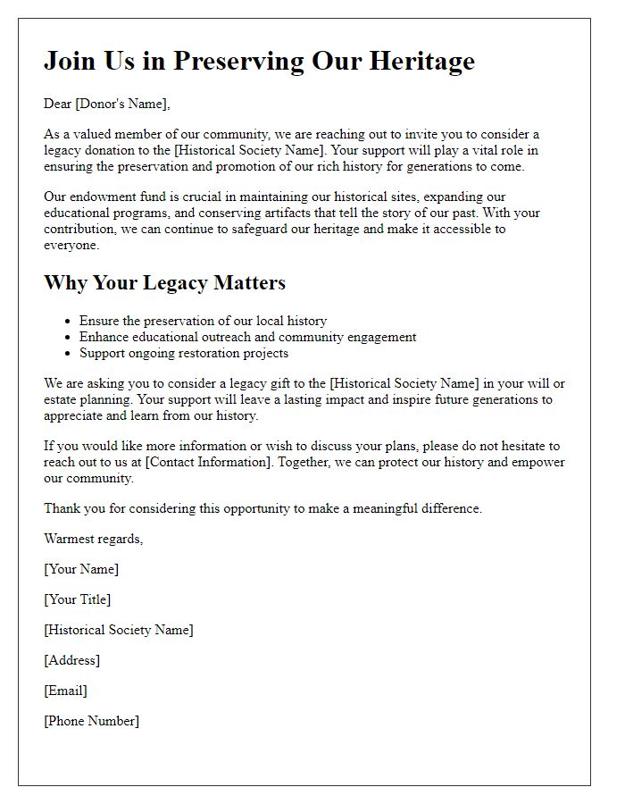 Letter template of legacy donation appeal for historical society endowment