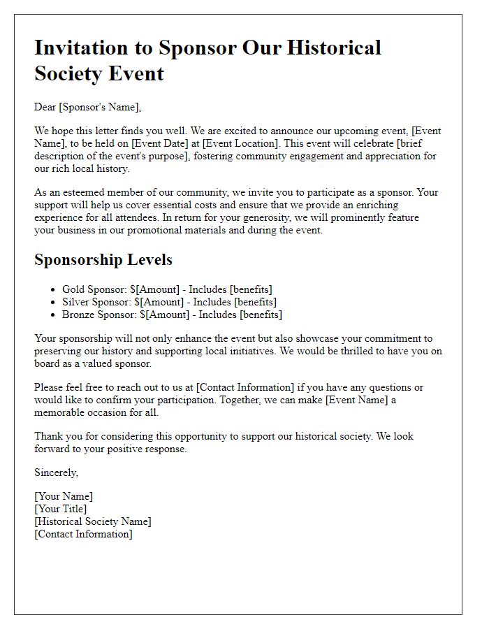 Letter template of sponsorship invitation for historical society events