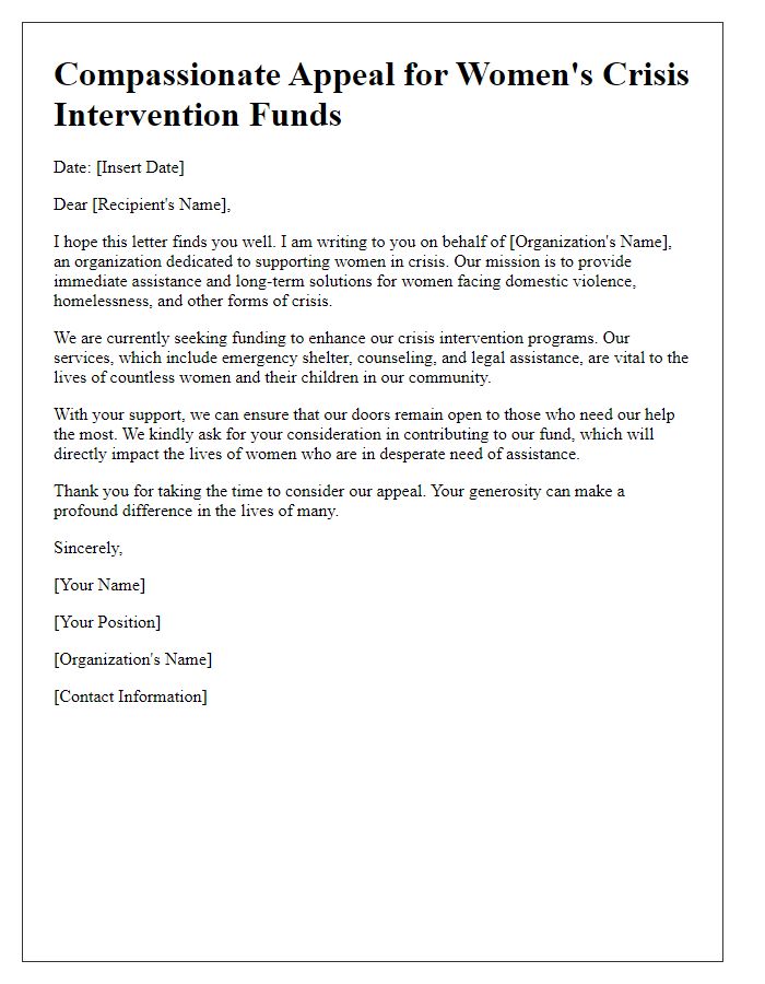 Letter template of compassionate appeal for womens crisis intervention funds.