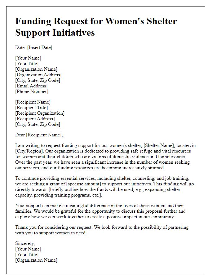 Letter template of funding request for womens shelter support initiatives.