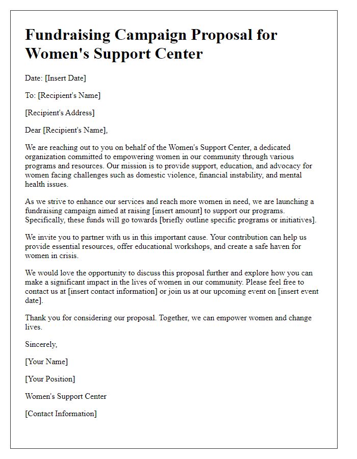 Letter template of fundraising campaign proposal for womens support center.