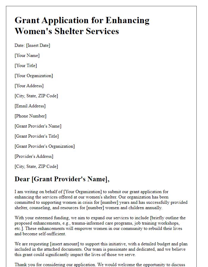 Letter template of grant application for enhancing womens shelter services.