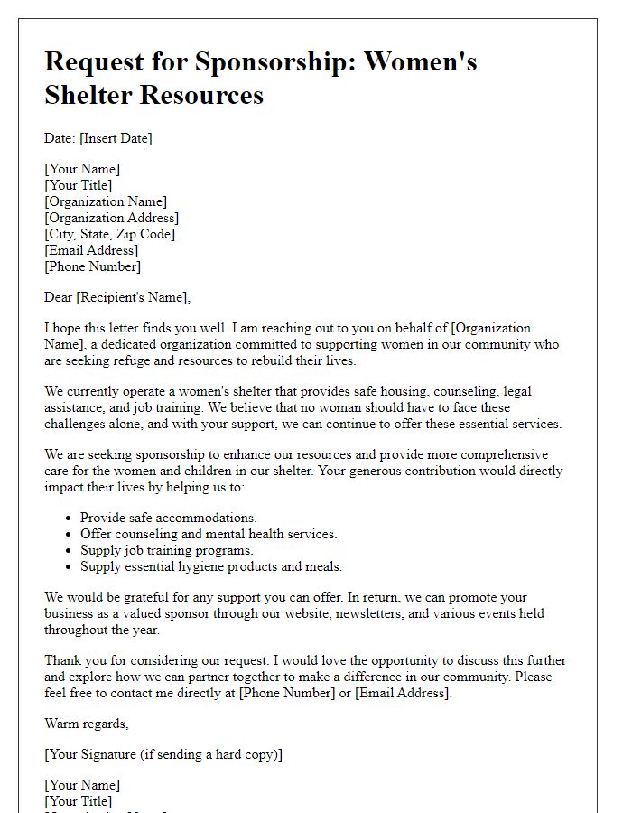 Letter template of sponsorship solicitation for womens shelter resources.