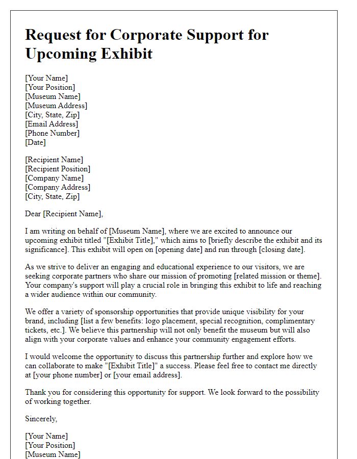 Letter template of museum exhibit corporate support request