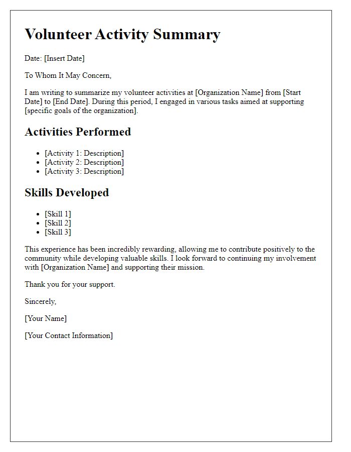 Letter template of volunteer activity summary