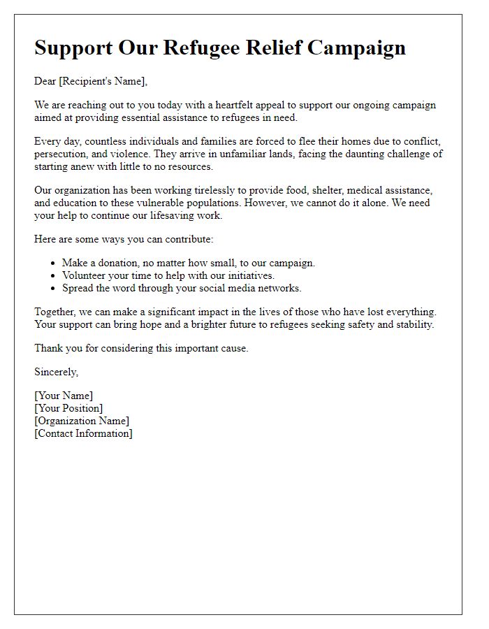 Letter template of campaign letter for helping refugees