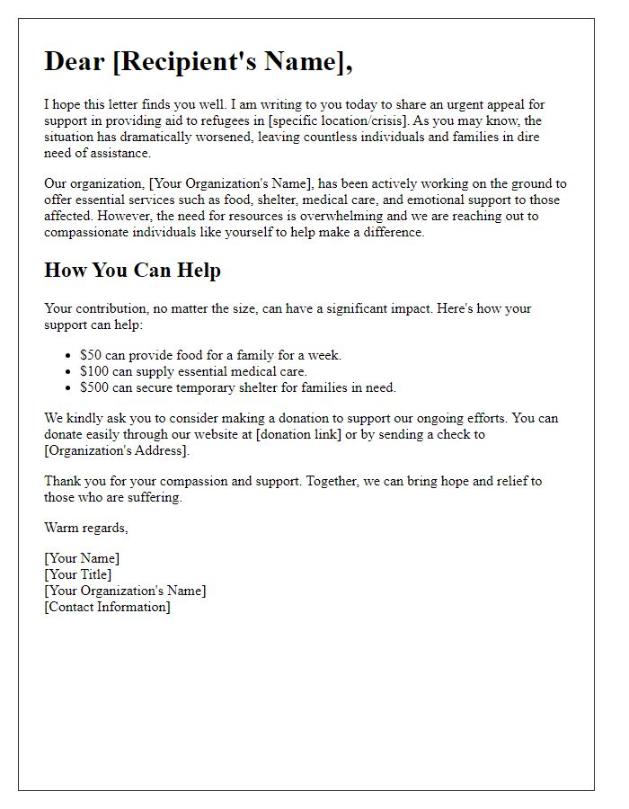 Letter template of contribution appeal for refugee aid