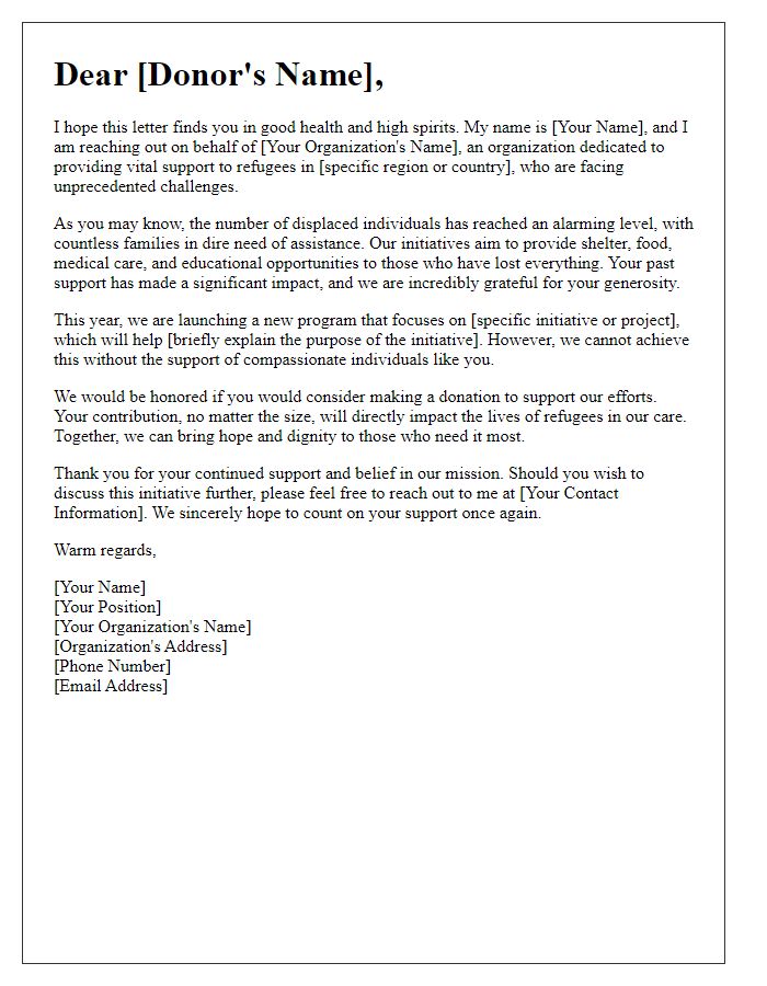 Letter template of donor outreach for refugee aid initiatives