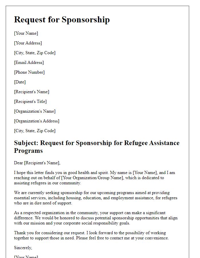 Letter template of sponsorship request for refugee assistance programs