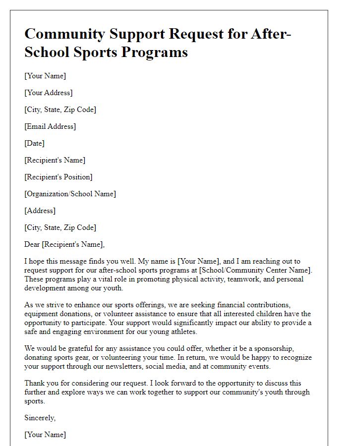 Letter template of community support request for after-school sports programs