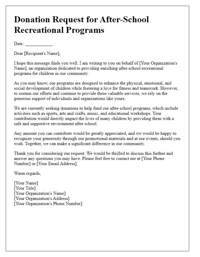 Letter template of donation request for after-school recreational programs