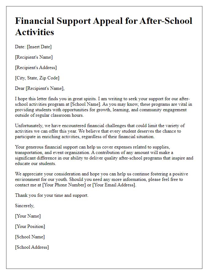 Letter template of financial support appeal for after-school activities