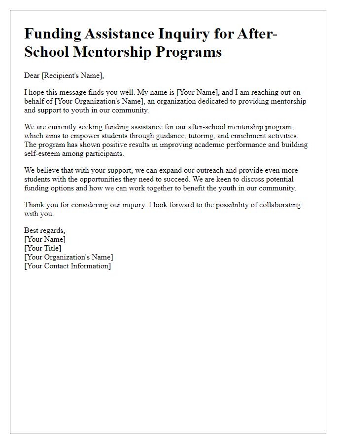 Letter template of funding assistance inquiry for after-school mentorship programs