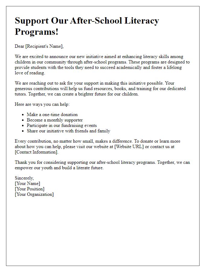 Letter template of fundraising initiative for after-school literacy programs