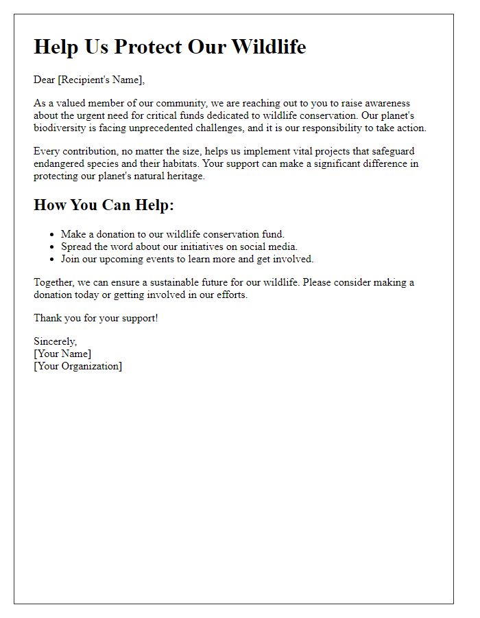 Letter template of awareness raising for critical wildlife conservation funds.