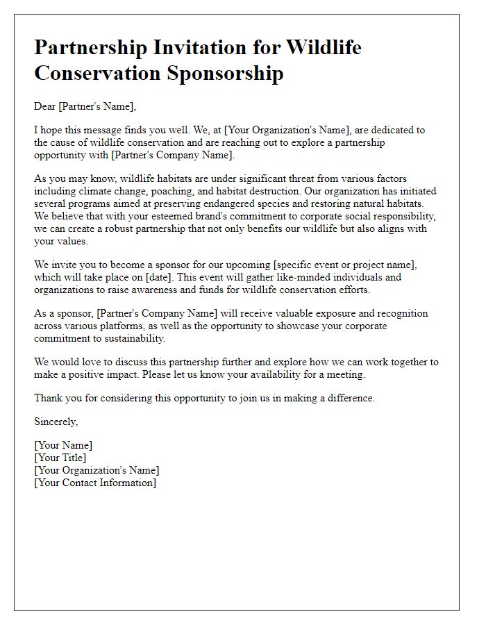 Letter template of partnership invitation for wildlife conservation sponsorship.