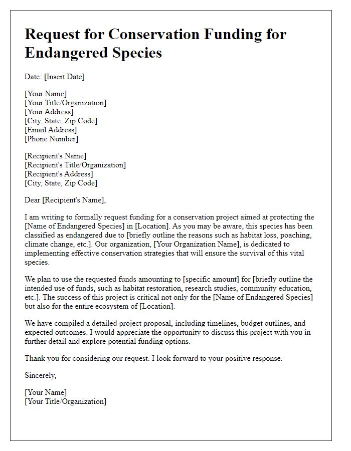 Letter template of request for conservation funding for endangered species.