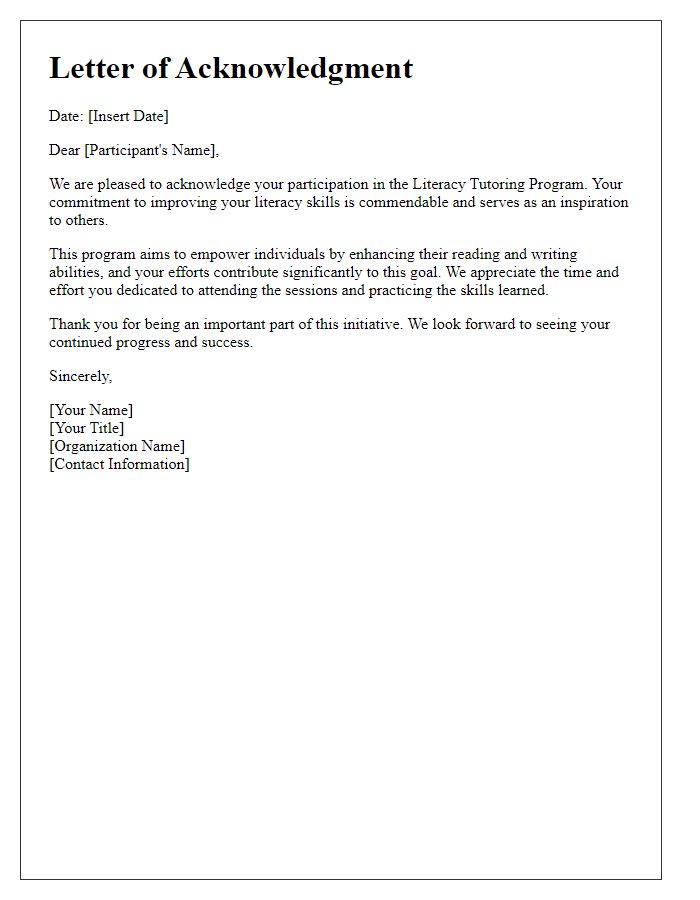 Letter template of acknowledgment for literacy tutoring program participants