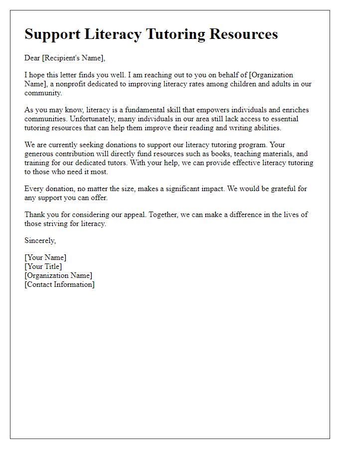 Letter template of appeal for donations towards literacy tutoring resources