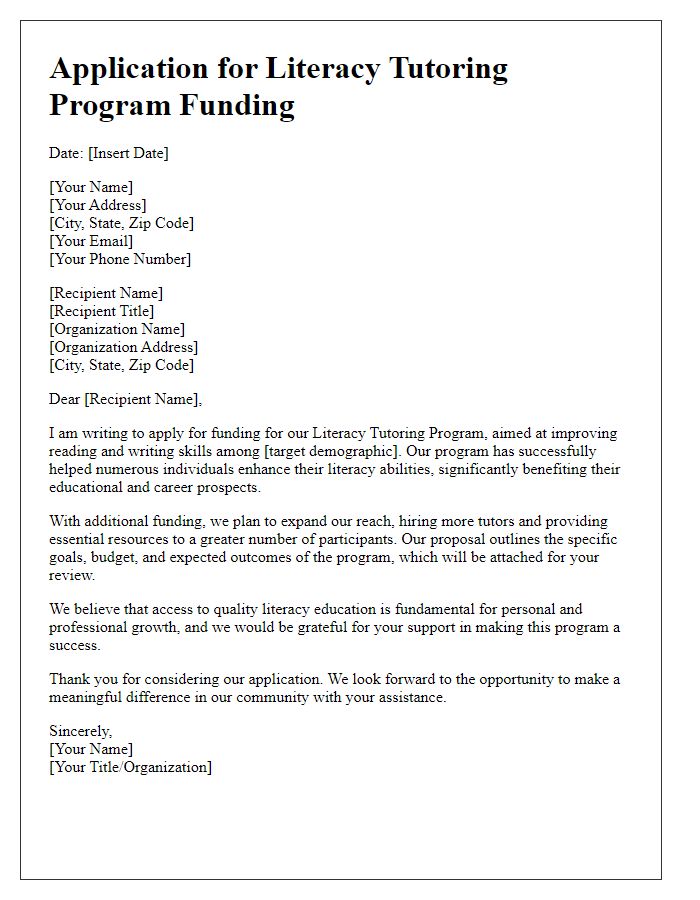 Letter template of application for literacy tutoring program funding