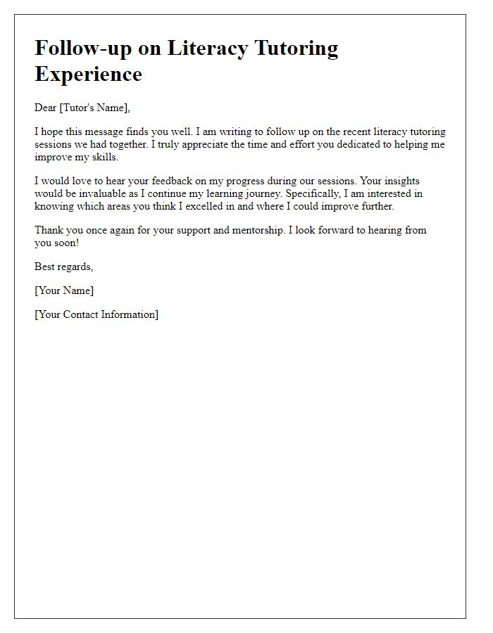 Letter template of follow-up for feedback on literacy tutoring experience