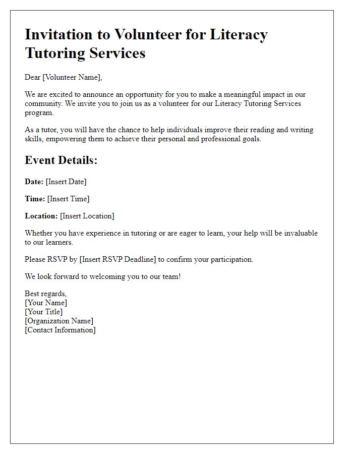 Letter template of invitation for volunteers in literacy tutoring services