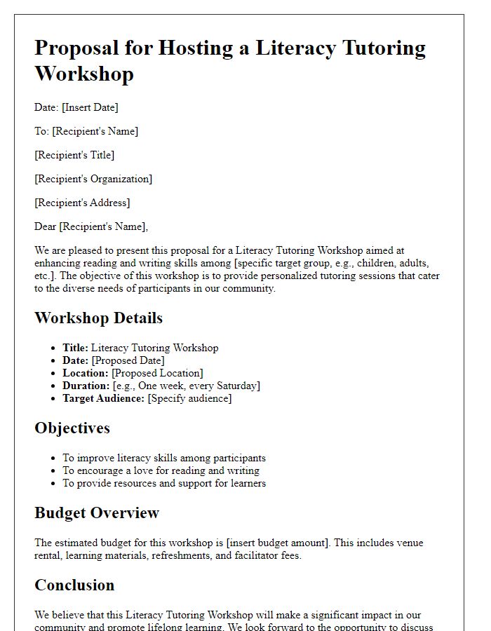 Letter template of proposal for hosting a literacy tutoring workshop