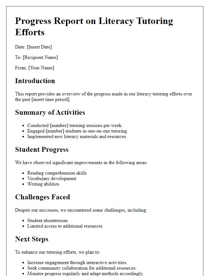 Letter template of report for progress in literacy tutoring efforts