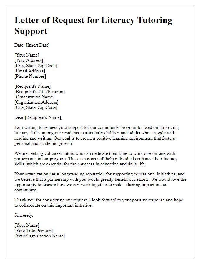 Letter template of request for literacy tutoring support for community program