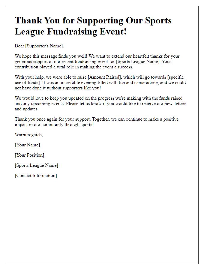 Letter template of follow-up with supporters post sports league fundraising event