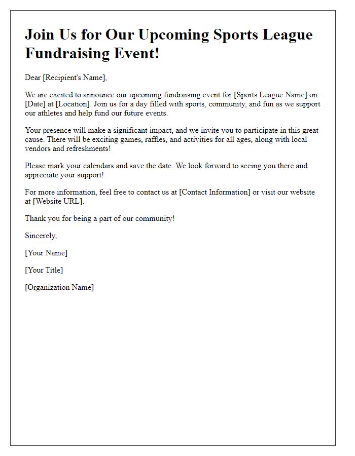 Letter template of promotion for upcoming sports league fundraising event