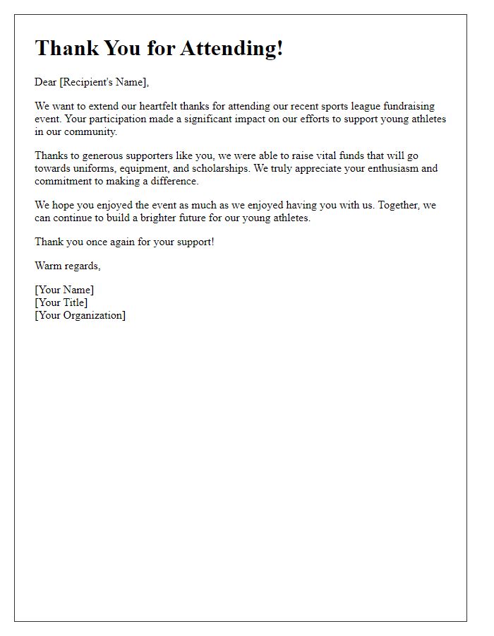 Letter template of thank you for attending sports league fundraising event