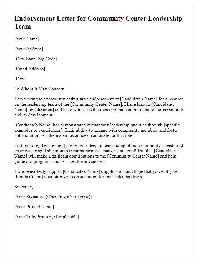 Letter template of endorsement for community center leadership team