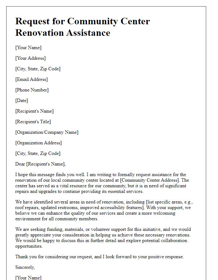 Letter template of request for community center renovation assistance