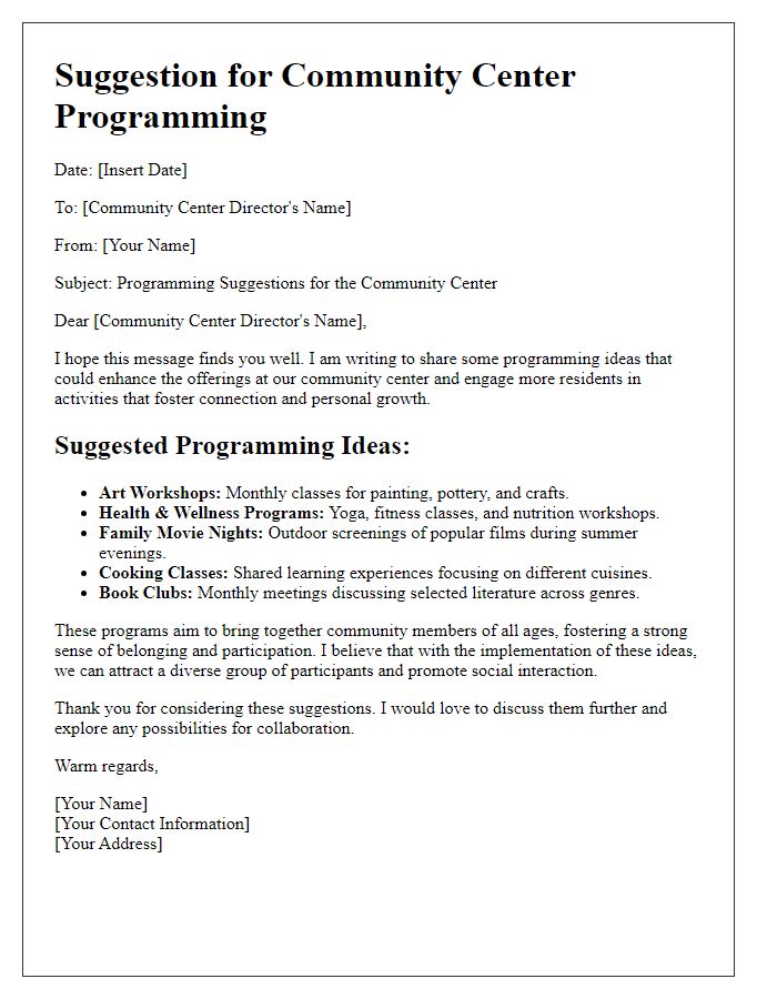 Letter template of suggestion for community center programming ideas