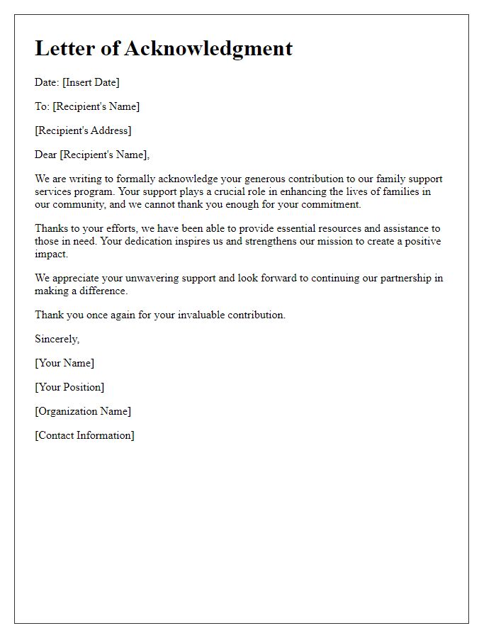 Letter template of acknowledgment for family support services contribution