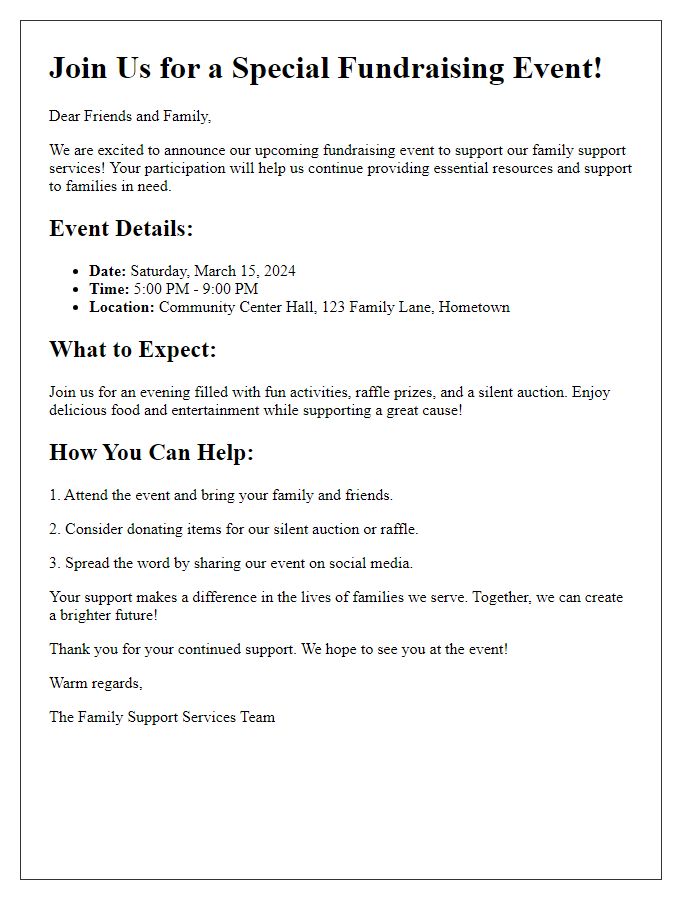 Letter template of fundraising event announcement for family support services