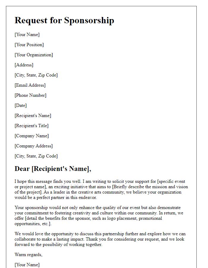 Letter template of engagement request for creative arts sponsorship.