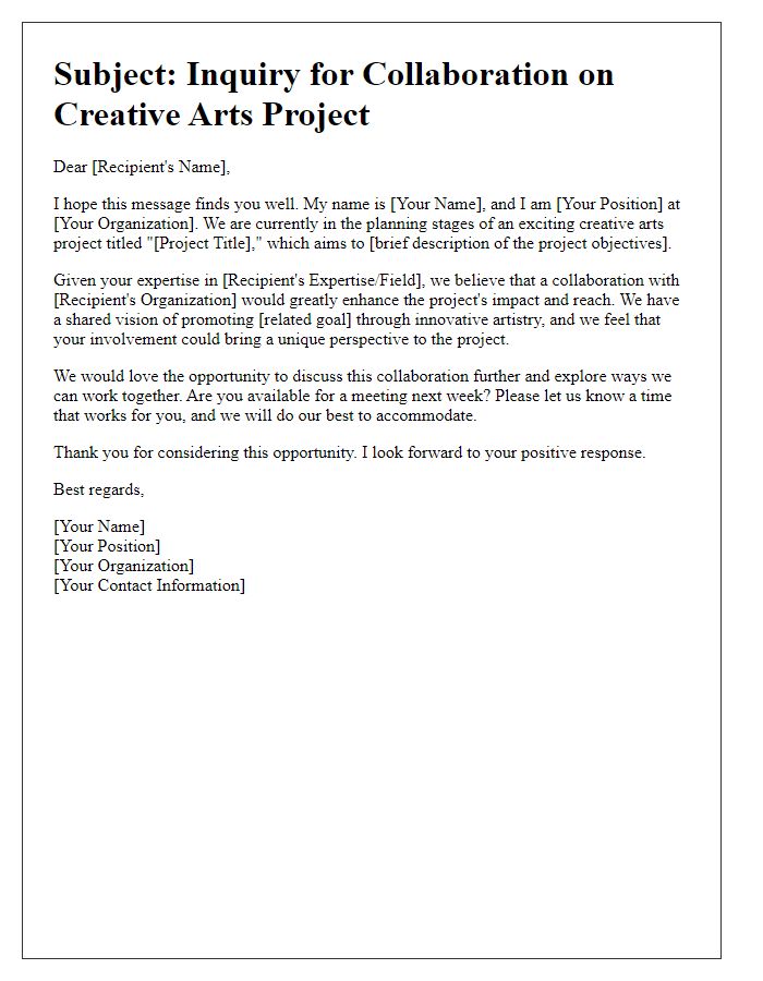 Letter template of inquiry for collaboration on creative arts project.