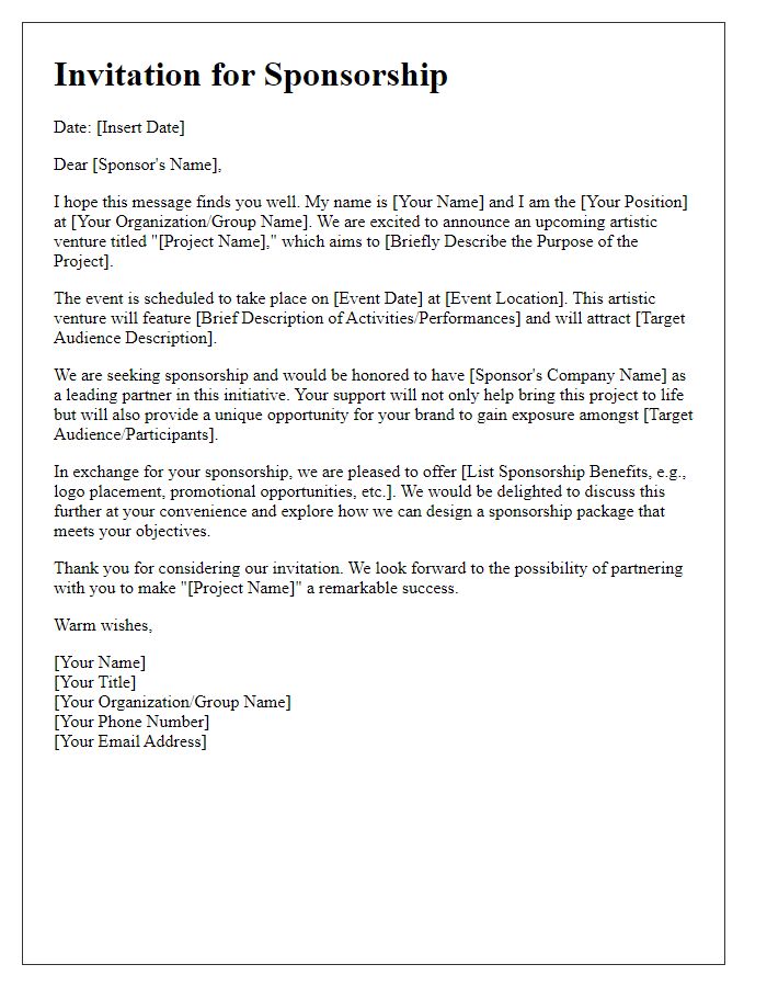 Letter template of invitation for sponsorship in artistic venture.