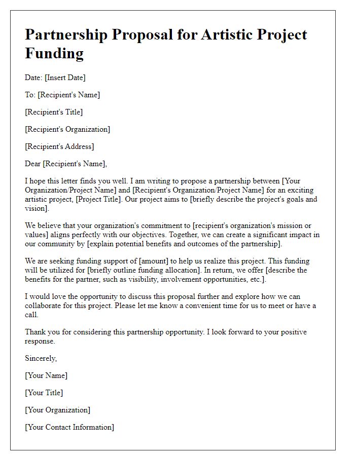 Letter template of partnership proposal for artistic project funding.