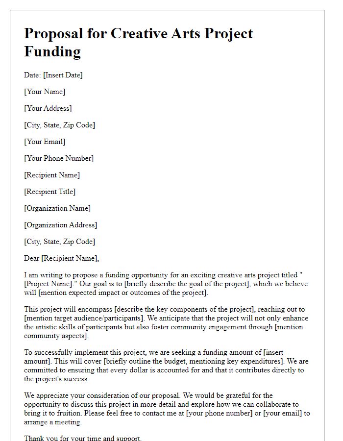 Letter template of proposal for creative arts project funding.