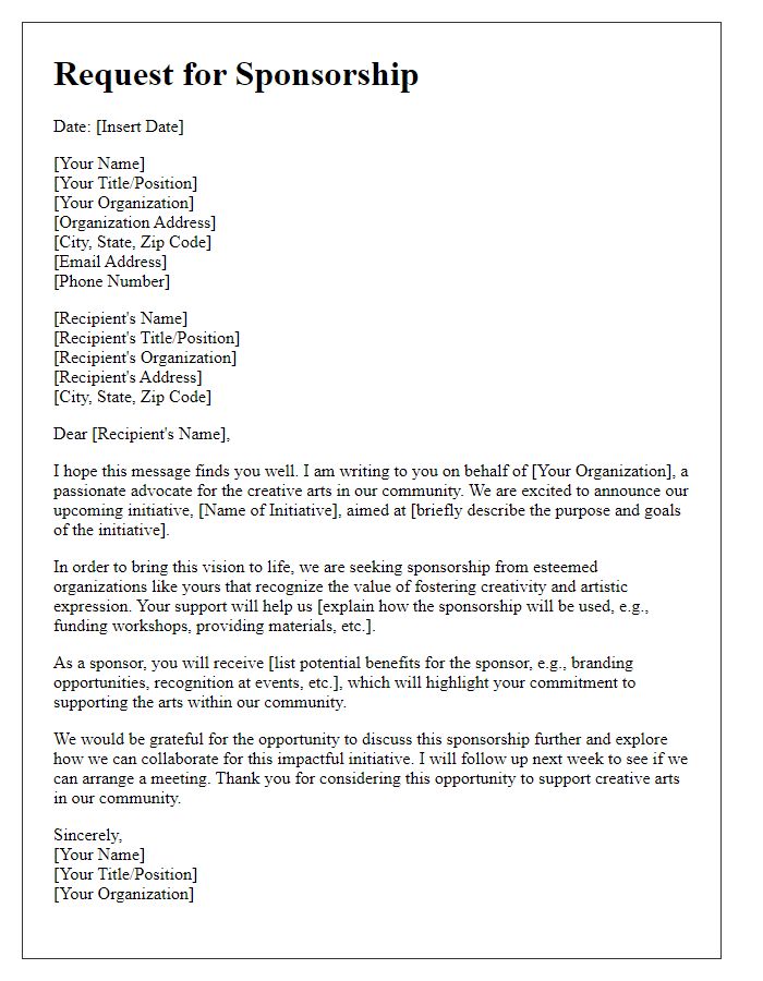 Letter template of request for creative arts initiative sponsorship.