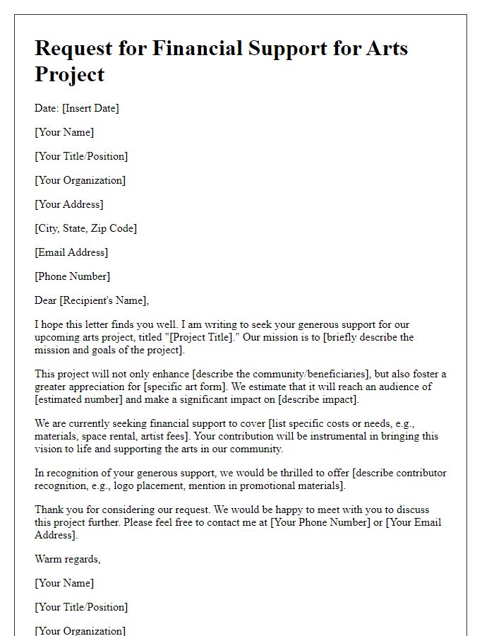 Letter template of solicitation for financial support in arts project.