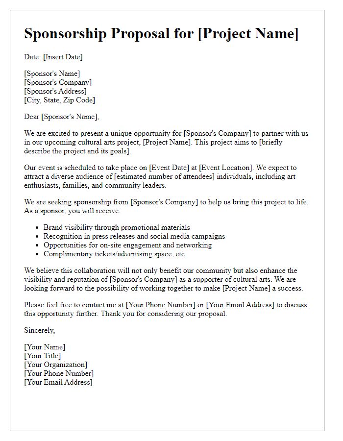 Letter template of sponsorship proposal for cultural arts project.