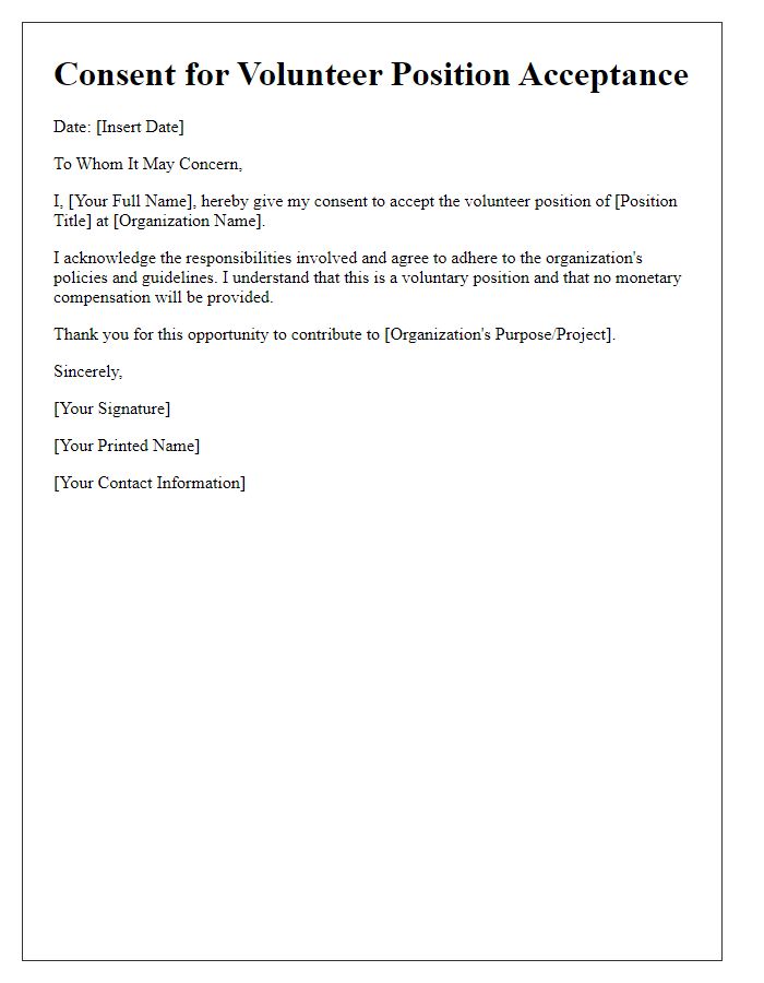 Letter template of Consent for Volunteer Position Acceptance