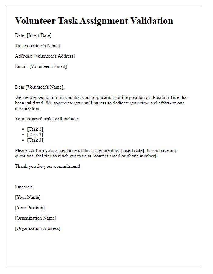 Letter template of Validation for Volunteer Task Assignment